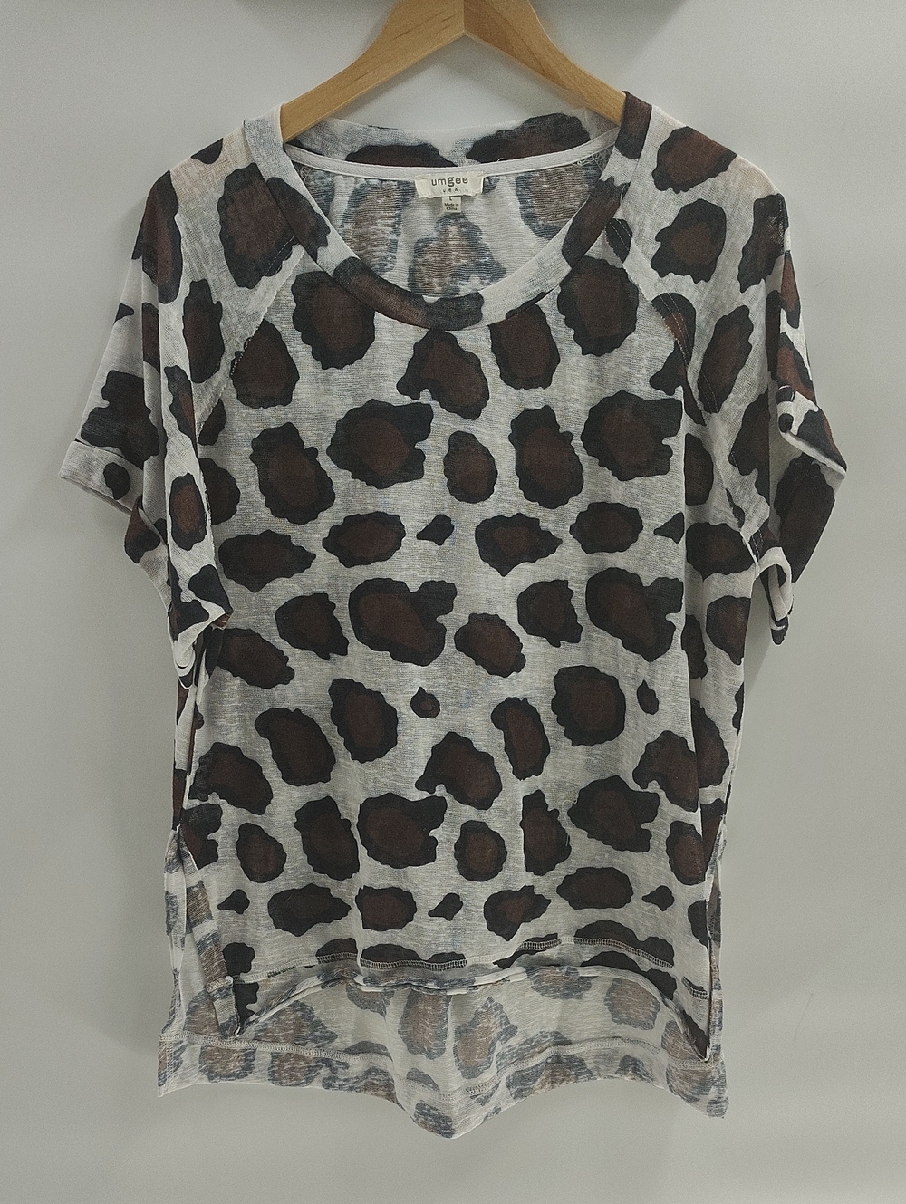 Umgee Animal Print Sheer Top Poly White Brown Black Short Sleeve